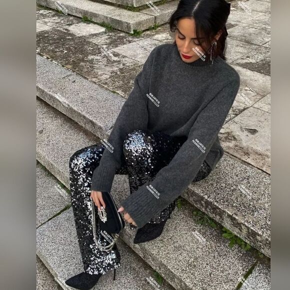 NWT ZARA FLARED SEQUIN LEGGINGS - Picture 5 of 15